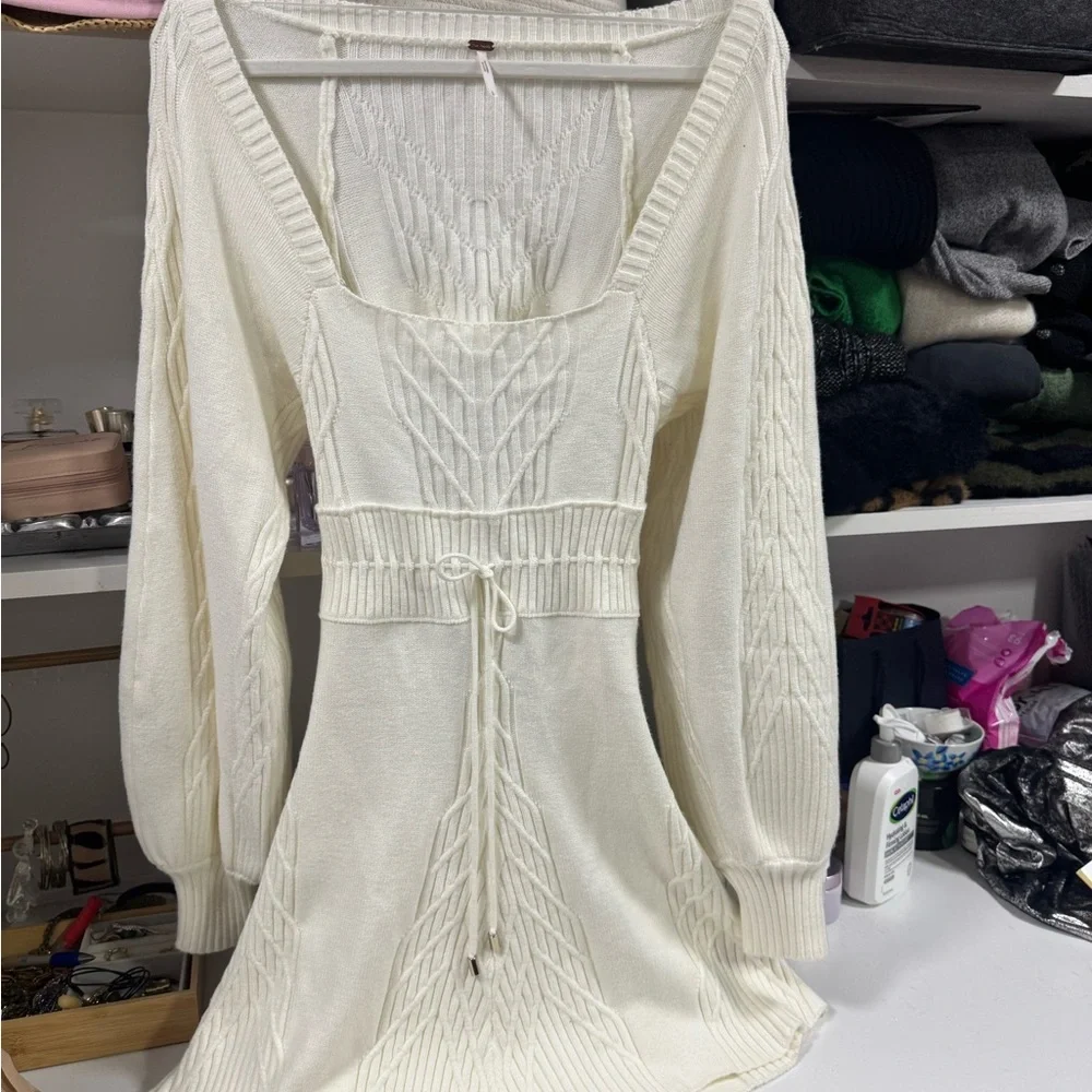 Free People Ivory Knit Mini Dress Open Back Boho Cable Sweater Dress S - Picture 4 of 5